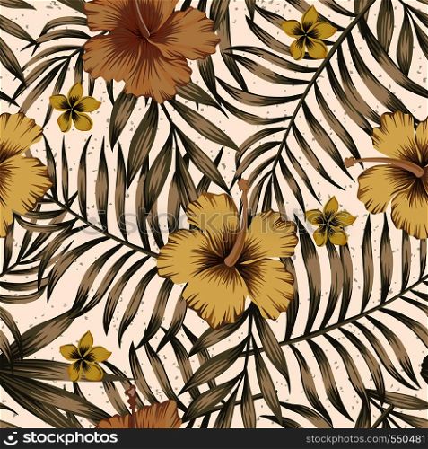 Brown tropical palm leaves and trendy golden hibiscus flowers on the beige background. Realistic vector seamless pattern botanical composition