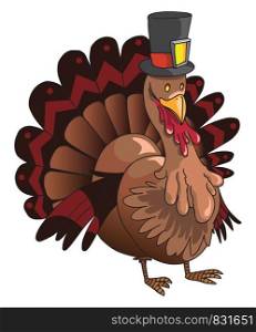 Brown turkey with a hat, illustration, vector on white background.