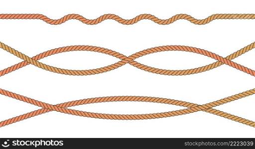 Brown twisted and curved rope set. Realistic jute cords marine navy cord border, marine sailor string. Flat vector illustration isolated on white background.. Brown twisted and curved rope set. Flat vector illustration isolated on white