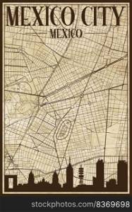 Brown vintage hand-drawn printout streets network map of the downtown MEXICO CITY, MEXICO with brown 3D city skyline and lettering