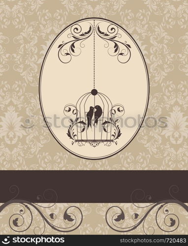 Brown vintage invitation card with birdcage