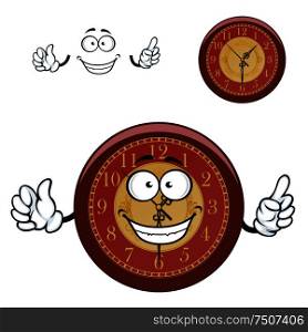 Brown wall clock cartoon character with golden ornament on dial and carved hands showing attention sign. Cartoon wall clock with hands