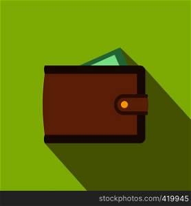 Brown wallet with card and cash flat icon on a green background. Brown wallet with card and cash flat icon