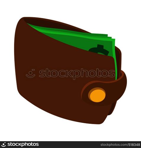 Brown wallet with card and cash icon in cartoon style on a white background. Brown wallet with card and cash icon