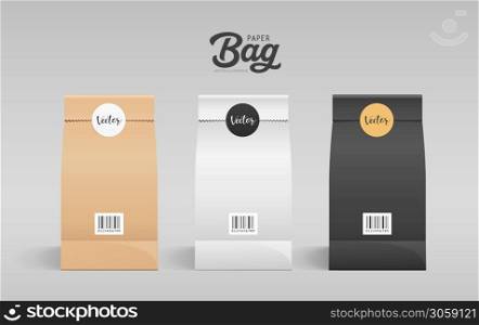 Brown, White, Black paper bag folded front design, mouth bag there are circle stickers template collection, on gray background Eps 10 vector illustration