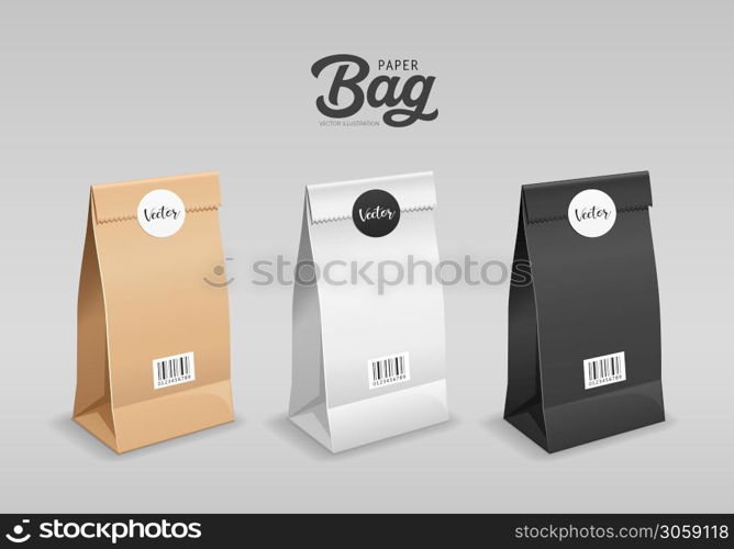 Brown, White, Black Paper bag folded, mouth bag there are circle stickers and barcodes, template collection design, isolated on gray background Eps 10 vector illustration