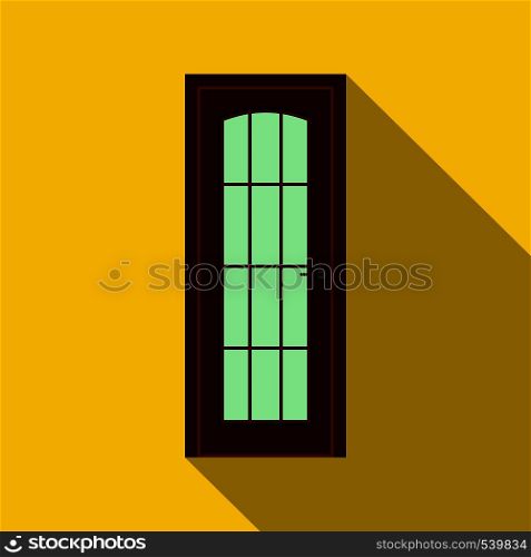 Brown wooden door icon in flat style on a yellow background. Brown wooden door icon, flat style