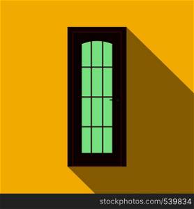 Brown wooden door icon in flat style on a yellow background. Brown wooden door icon, flat style