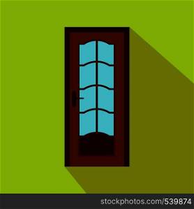 Brown wooden door with glass icon in flat style on a light green background. Brown wooden door with glass icon, flat style