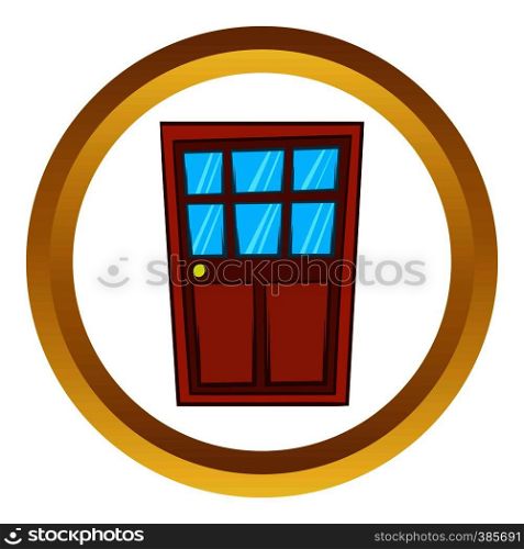 Brown wooden door with glass vector icon in golden circle, cartoon style isolated on white background. Brown wooden door with glass vector icon
