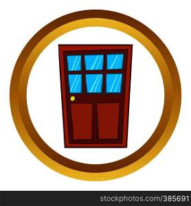 Brown wooden door with glass vector icon in golden circle, cartoon style isolated on white background. Brown wooden door with glass vector icon