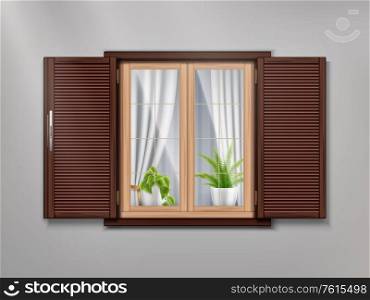 Brown wooden old window realistic composition with cozy atmosphere inside beautiful curtains and potted plants vector illustration