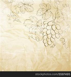 Brown wrinkled paper with grapes. Vector illustration.