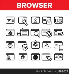 Browser Internet Web Site Pages Icons Set Vector Thin Line. Browser Collection With Rocket And Shield, Magnifier And Padlock Mark Concept Linear Pictograms. Monochrome Contour Illustrations. Browser Internet Web Site Pages Icons Set Vector