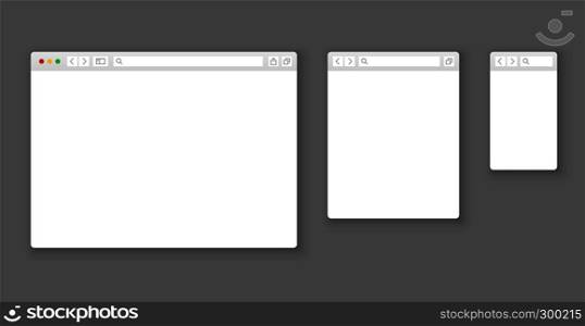 Browser mockups. Website different devices web window mobile screen internet flat template empty page network row vector set. Browser mockups. Website different devices web window mobile screen internet flat template empty page network row set