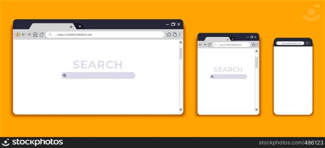 Browser mockups. Website interface for different devices, empty laptop tablet and mobile internet page. Vector browser window modern design. Browser mockups. Website interface for different devices, empty laptop tablet and mobile internet page. Vector browser window design