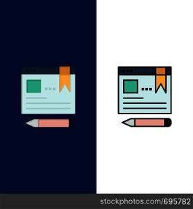 Browser, Text, Pen, Education Icons. Flat and Line Filled Icon Set Vector Blue Background