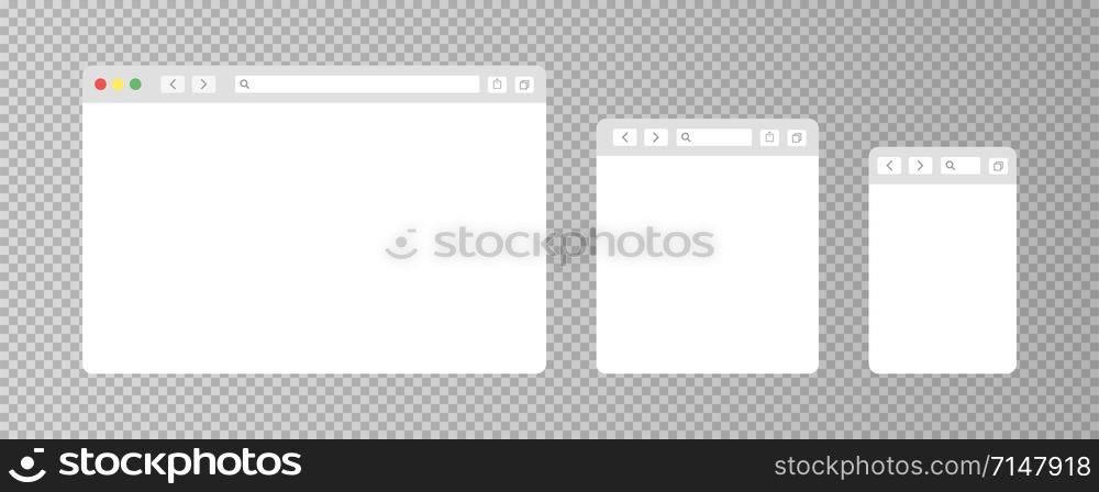 Browser window isolated vector web elements transparent background. Design template with browser window for mobile device design. Blank template. Mockup for web site design. EPS 10
