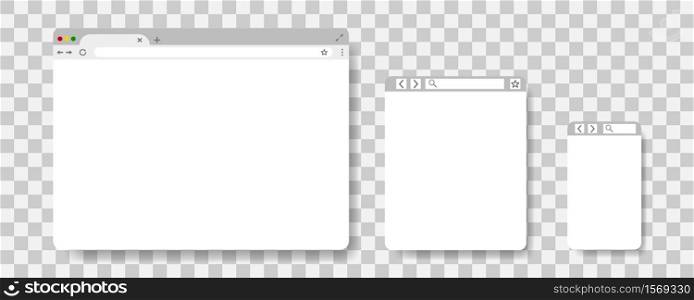 Browser window vector template. Website and webpage flat mockup on transparent background.