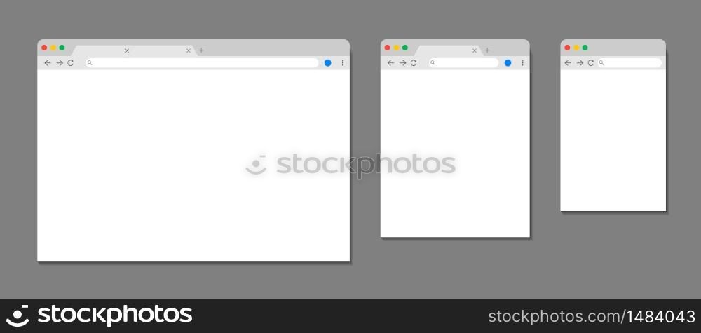 Browser window. Web template for computer, tablet and mobile. Internet page with interface, toolbar and desktop. Blank mockup of website in screen. Frame of simple pc browser with search panel. Vector. Browser window. Web template for computer, tablet and mobile. Internet page with interface, toolbar, desktop. Blank mockup of website in screen. Frame of simple pc browser with search panel. Vector.