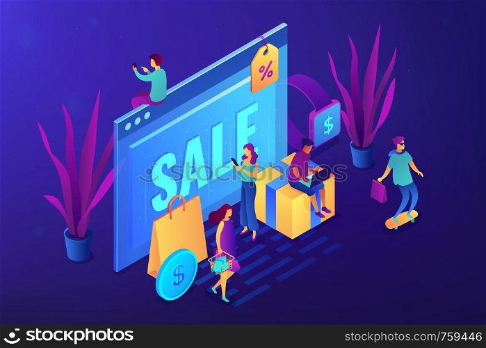 Browser window with sale and buyers with gadgets shopping online. Online sales pro, online coupon and special offer, cash back and discount concept. Ultraviolet neon vector isometric 3D illustration.. Online sales pro concept vector isometric illustration.