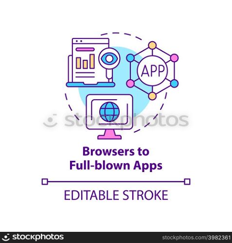 Browsers to full-blown apps concept icon. Software development. Tech macro trends abstract idea thin line illustration. Isolated outline drawing. Editable stroke. Arial, Myriad Pro-Bold fonts used. Browsers to full-blown apps concept icon