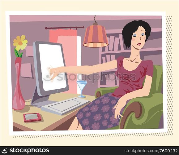 Browsing the Internet. Woman is browsing the Internet or searching something on her local drives. Editable vector EPS v9.0.