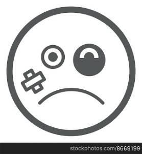 Bruised face icon. Round emoji with black eye isolated on white background. Bruised face icon. Round emoji with black eye