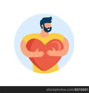 Brunet tiny man hugs takes big heart single with smile and beard. Fall in love with yourself, mental health, alone valentines day. Flat vector illustration isolated.. Brunet tiny man hugs takes big heart single with smile and beard. Fall in love with yourself, mental health, alone valentines day. Flat vector illustration isolated