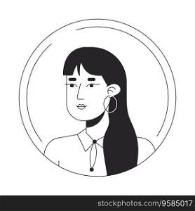 Brunette asian woman black white cartoon avatar icon. Long hair. Pretty face. Editable 2D character user portrait, linear flat illustration. Vector face profile. Outline person head and shoulders. Brunette asian woman black white cartoon avatar icon