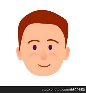 Brunette boy with smile close-up portrait flat design isolated on white. Rejoicing and happy youngster with beam. Vector illustration of character and face emotions in cartoon style graphic icon.. Brunette Boy with Smile Close-up Portrait Flat