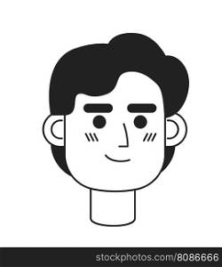 Brunette caucasian man with confident smile monochrome flat linear character head. Motivated guy. Editable outline hand drawn human face icon. 2D cartoon spot vector avatar illustration for animation. Brunette caucasian man with confident smile monochrome flat linear character head