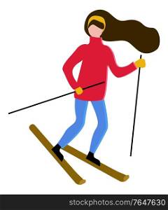 Brunette character skiing outdoors. Isolated character with long hair wearing warm clothes leading active lifestyle. Leisure of girl, extreme hobby of lady with band in head. Vector in flat style. Woman with Long Hair Skiing, Hobby of Brunette