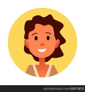Brunette curly girl smiles close-up portrait in yellow circle on white background. Young cute female front view laughing person vector illustration.. Brown-haired Curly Girl Smiles Close-up Portrait
