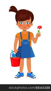 Brunette doll like girl with red flower and bucket with shovel vector illustration isolated on white. Cute cartoon kindergarten age female holds toys. Brunette Girl Holds Flower and Bucket with Shovel