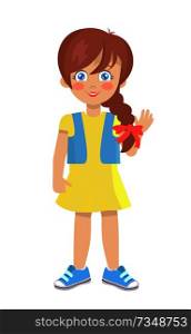Brunette doll like girl with thick braid in yellow dress, blue jacket and sneakers vector illustration isolated on white. Cute cartoon kindergarten age female. Brunette Doll Like Girl with Thick Braid in Dress