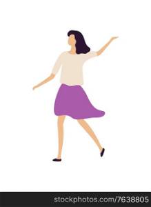 Brunette girl dancing, isolated clubber on disco, flat style. Vector lady in night club, woman wearing fancy clothes moving on music, lifestyle of young female. Brunette Girl Dancing, Isolated Clubber on Disco