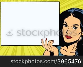Brunette girl holding a blank rectangular poster pop art retro vector. Advertising and announcement retro pop art. Brunette girl holding a blank rectangular poster