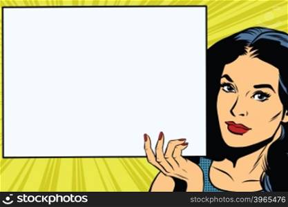 Brunette girl holding a blank rectangular poster pop art retro vector. Advertising and announcement retro pop art. Brunette girl holding a blank rectangular poster
