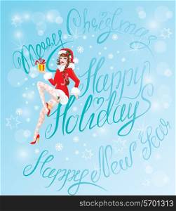 Brunette Pin Up Christmas Girl wearing Santa Claus suit and stockings carrying christmas present on blue background with snowflakes. Handwritten text Happy holidays, Merry Christmas and happy New Year.