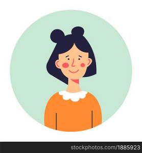 Brunette schoolgirl portrait, isolated rounded icon of female character smiling and posing. Hairstyle of personage, student of school or college. Youth teenager with cute face, vector in flat. Portrait of cute teenage girl or schoolkid vector
