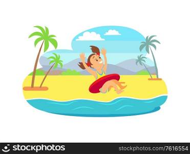 Brunette smiling girl wearing swimsuit jumping in water with hands up, teenager in inflatable circle, mountain landscape and palm trees, cloudy sky vector. Child in Inflatable Circle Jumping in Sea Vector