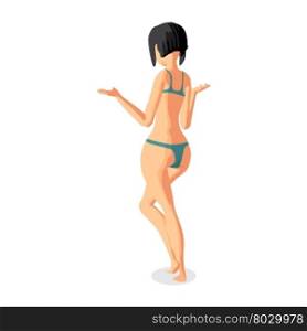 Brunette woman dressed in green swimsuit is standing on one leg sunbathe on sun raising his hands. Back view. Isolated flat cartoon illustration. The comic brunette on the beach in green bikini. &#xA;