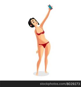 Brunette woman dressed in red swimsuit is standing and makes selfie. Isolated flat cartoon illustration. The comic girl on the beach in red bikini with smartphone