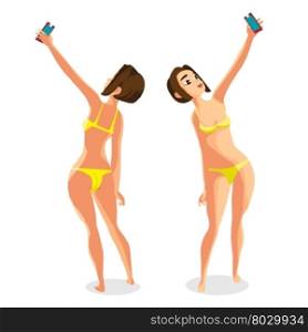 Brunette woman dressed in yellow swimsuit is standing and makes selfie. Back, front view. Isolated flat cartoon illustration. The comic girl on the beach in yellow bikini with smartphone.