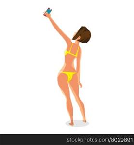 Brunette woman dressed in yellow swimsuit is standing and makes selfie. Back view. Isolated flat cartoon illustration. The comic girl on the beach in yellow bikini with smartphone.