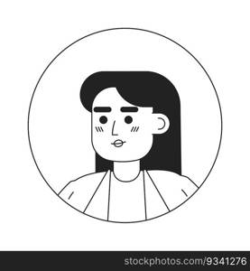 Brunette woman employee monochrome flat linear character head. Confident female office worker. Editable outline hand drawn human face icon. 2D cartoon spot vector avatar illustration for animation. Brunette woman employee monochrome flat linear character head