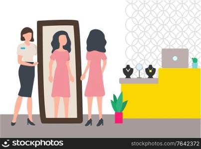 Brunette woman looking at herself in mirror in jewelry store vector. Shop assistant consulting customer to choose and buy luxury necklace with gem. Woman in Jewelry Store Shopping with Assistant