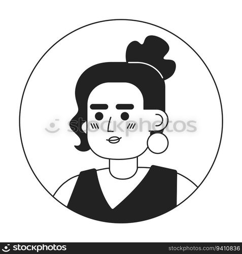 Brunette woman monochrome flat linear character head. Lady with golden earings and bun hairstyle. Editable outline hand drawn human face icon. 2D cartoon spot vector avatar illustration for animation. Brunette woman monochrome flat linear character head