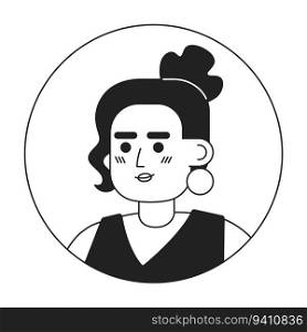 Brunette woman monochrome flat linear character head. Lady with golden earings and bun hairstyle. Editable outline hand drawn human face icon. 2D cartoon spot vector avatar illustration for animation. Brunette woman monochrome flat linear character head
